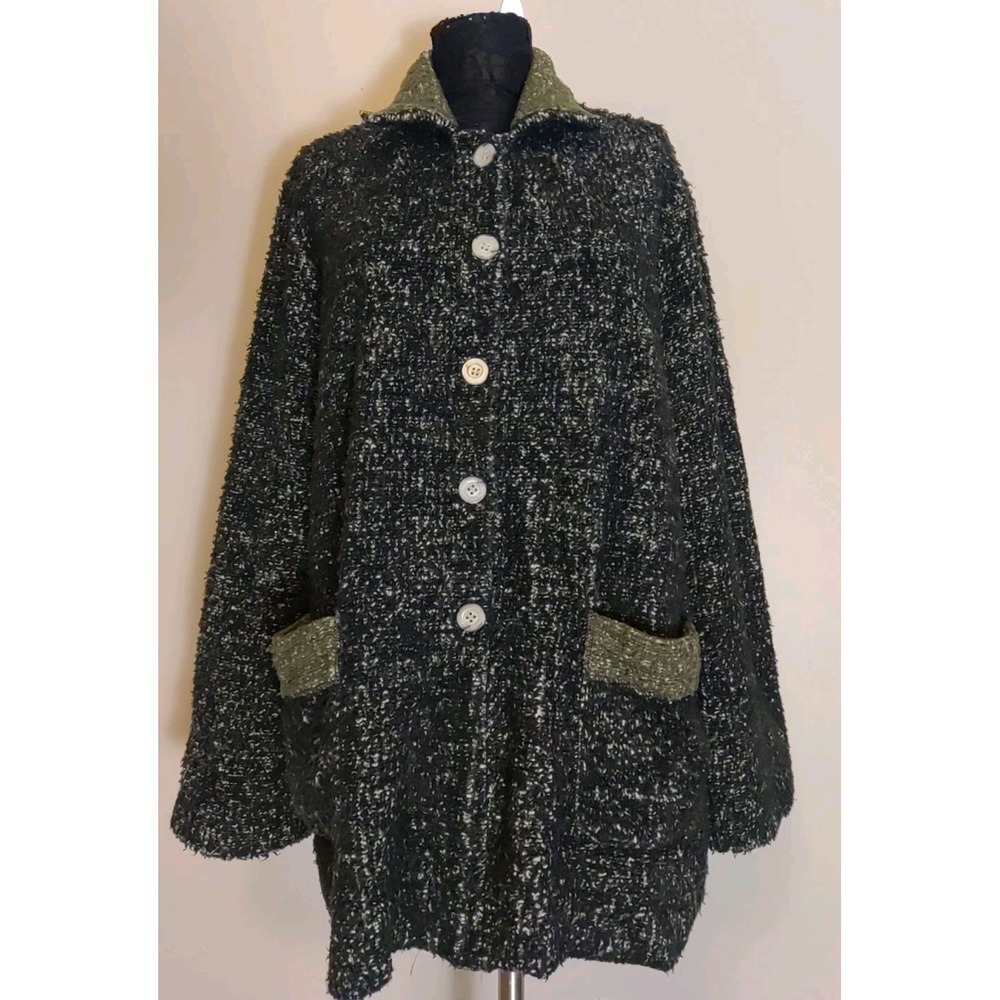 Birchberry Women Black White Sage Trim Woolblend Button‎ Knit Cardigan Size M